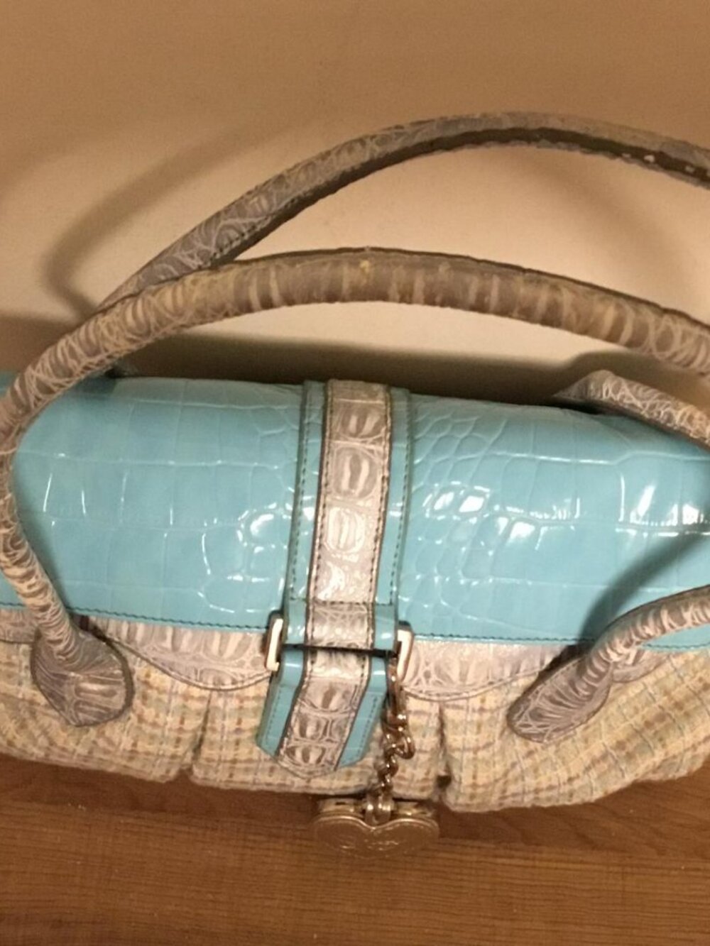 Sharif Blue Multi-Python & Croc Embossed Leather Shoulder Bag w/Wristlet & Charm - Picture 4 of 12